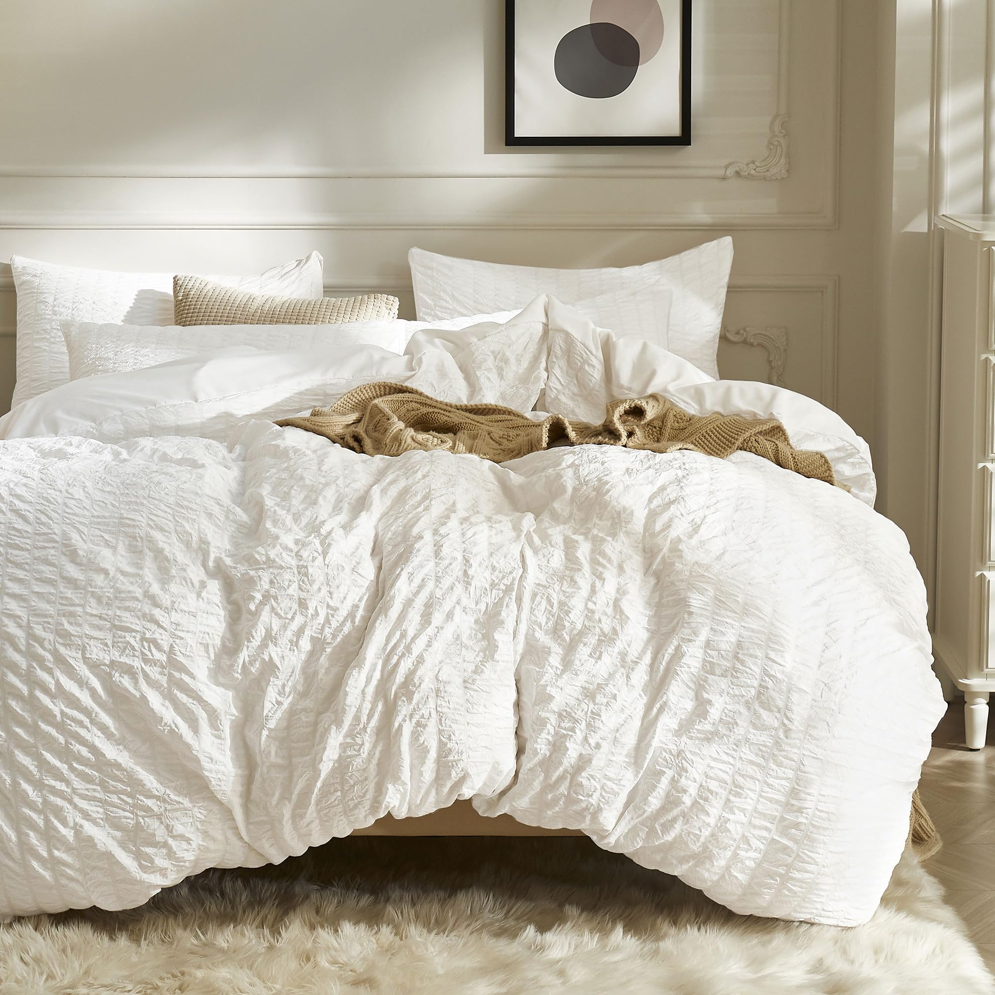 Jellymoni White Duvet Cover Cal King Size, 3Pcs Washed Microfiber Bedding Set, Soft Breathable Seersucker Duvet Cover Set With Z